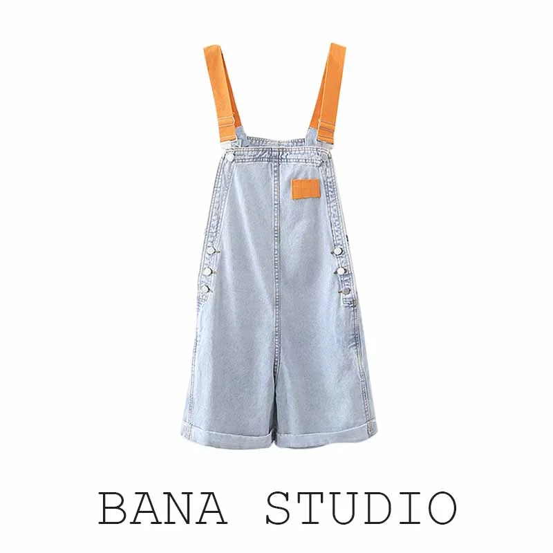 Washed Denim Overalls Shorts Women's High Waist Straight Leg Cuffed Korean Style Student Simple Loose Contrast Patchwork