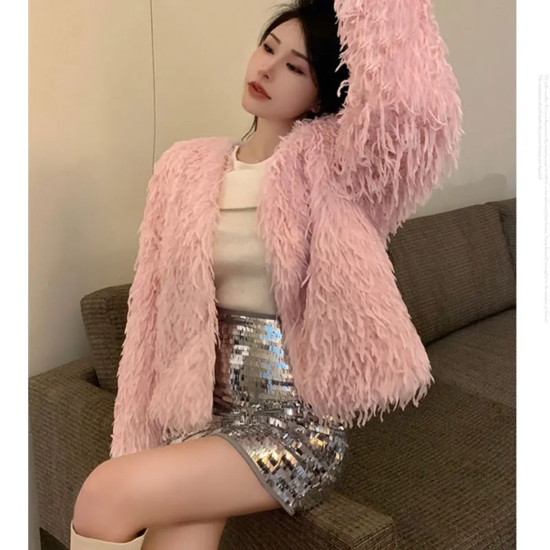 AutumnFaux Fox Fur Woman Coat Fashion Winter Feather Tassel Cardigan Fleece Short Jacket Coat Sexy Party Club Outfit Overcoat