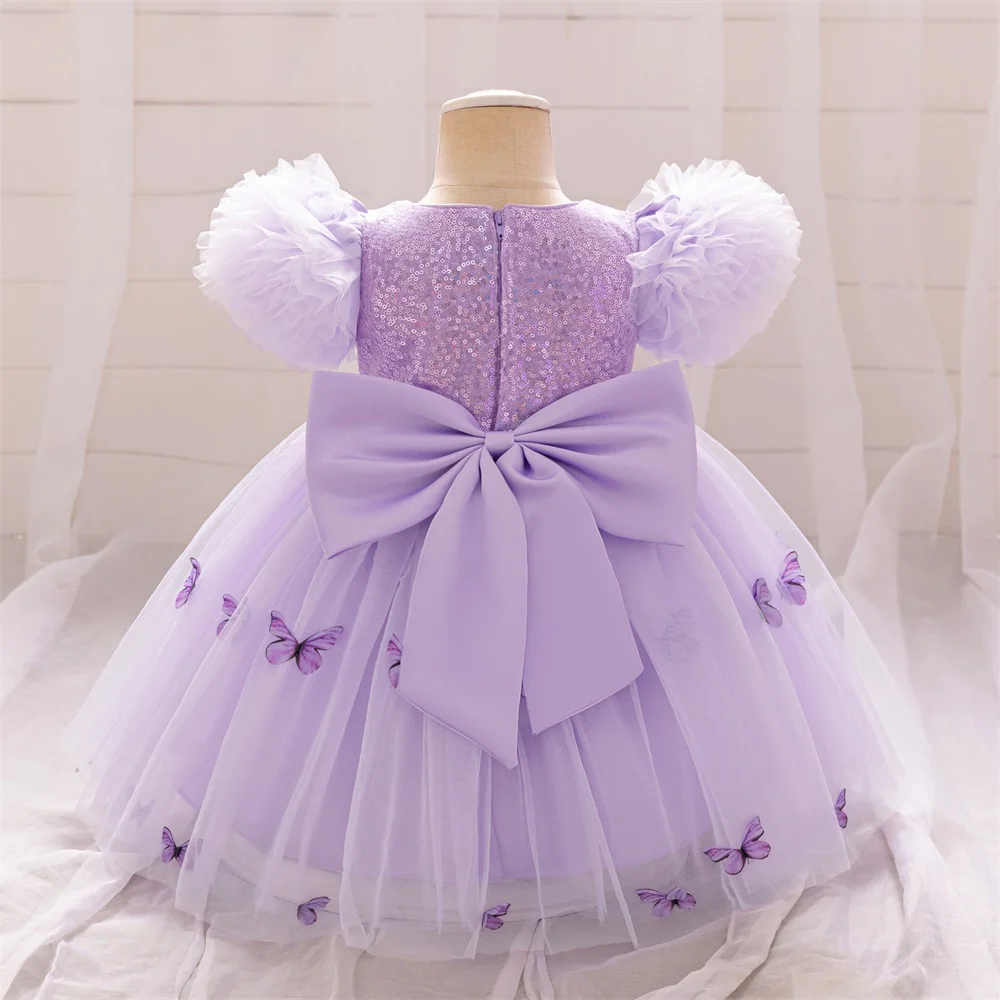 Girls Purple Sequin Birthday Baptism Gown Baby Lace Tutu Dresses Girls Butterfly Costume Infant Fluffy Clothing Girl New Wear