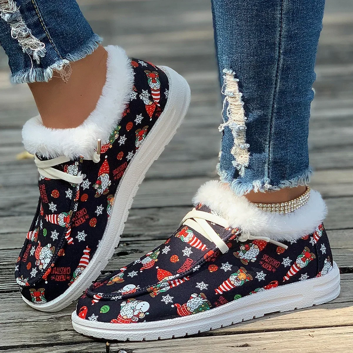 Ladies Flat Casual Shoes Women New  Winter Ankle Snow Boots Woman Christmas Print Cotton Shoes Short Plush Booties Warm Gift