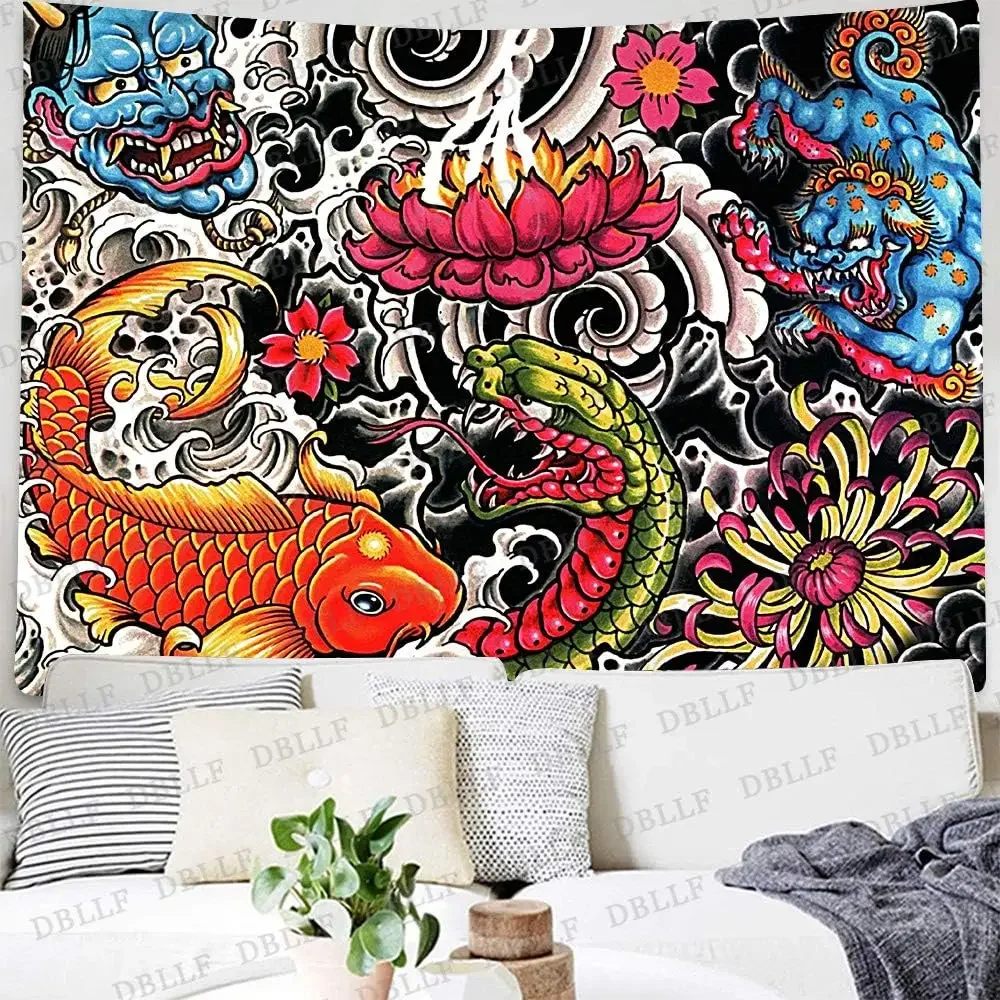 Dragon Tapestry Ukiyo-e Japanese Legendary Snake Tapestry, Anime Tapestry Wall Hanging Sea Wave Koi Japanese Art Décor