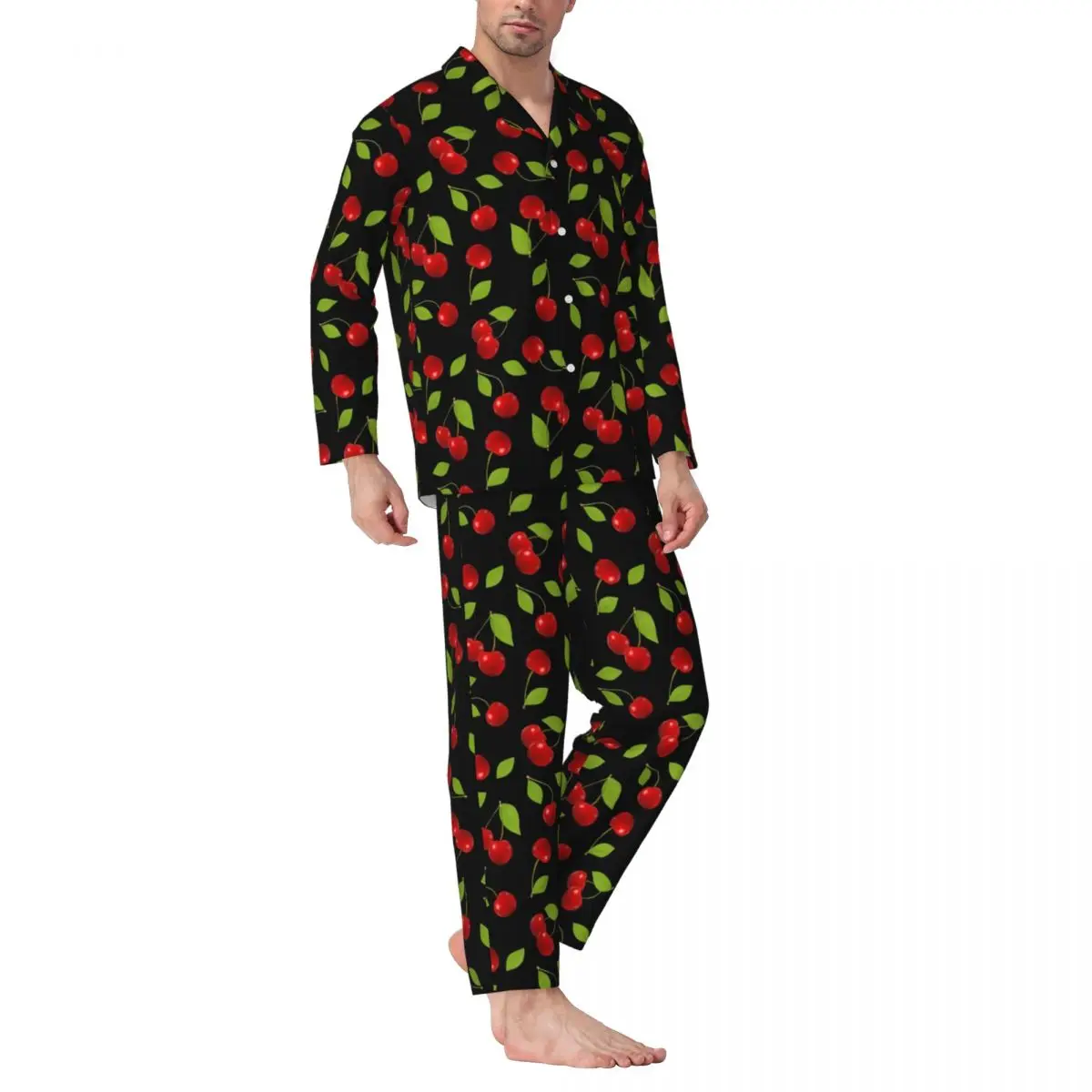 

Cute Cherries Pajama Set Green Leaves Fashion Sleepwear Male Long Sleeve Vintage Leisure 2 Piece Nightwear Plus Size