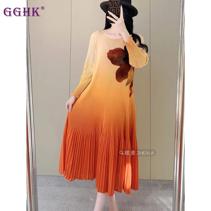 

GGHK Women Elegant Dress Round Neck Long Sleeve Floral Printed Design Loose Large Size Fashion Casual Female Dresses 2025 Summer