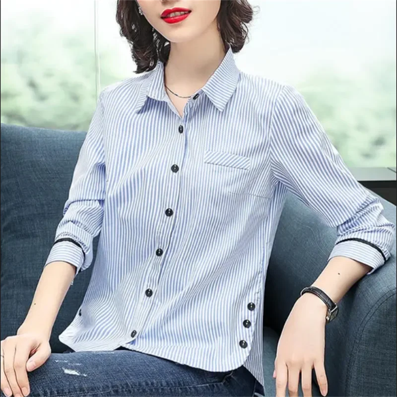 

Pure Cotton Striped Shirt For Women Blouses Long sleeved Button Up Blouse Loose Base Shirt Casual Slit Top Laple Female Shirts
