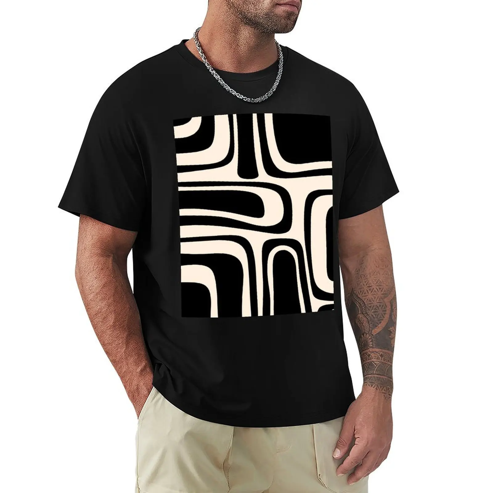 Palm Springs Retro mediados de siglo moderno patrón abstracto en negro y crema de almendras camiseta cosas baratas ropa de hombre