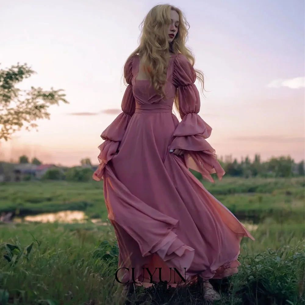 CUYUN Aangepaste Franse lange galajurken Elegante chiffon vierkante kraag lange mouwen meisjes avondfeestjurk formeel evenement