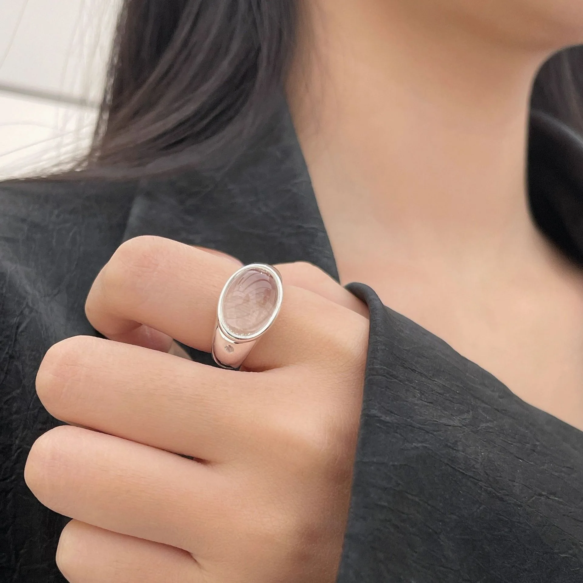 Women's Minimalist Handmade Vintage Big White Stone Ring, 925 Sterling Silver