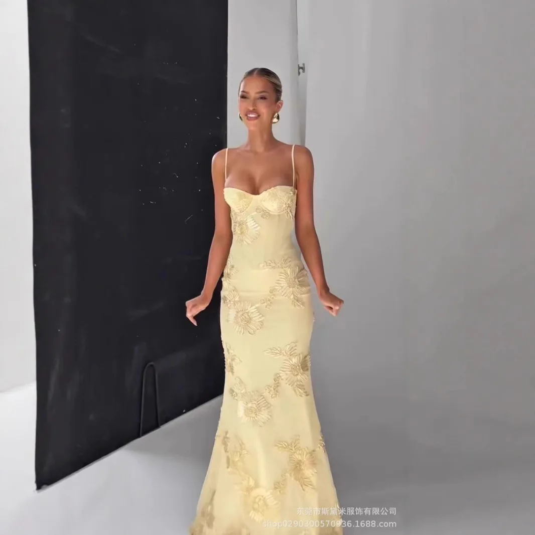 Robe longue en queue de poisson brodée de fleurs tridimensionnelles, haut tubulaire de tempérament, 2025