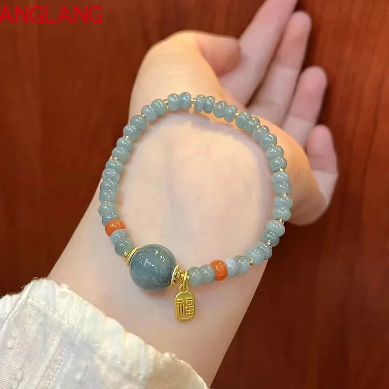 Bens Naturais Chineses Azul Água Material Pulseira para Mulheres, Contas de Placa de Jade, Transportador Feminino, Marca Fu, Presente Da Jóia, Novo