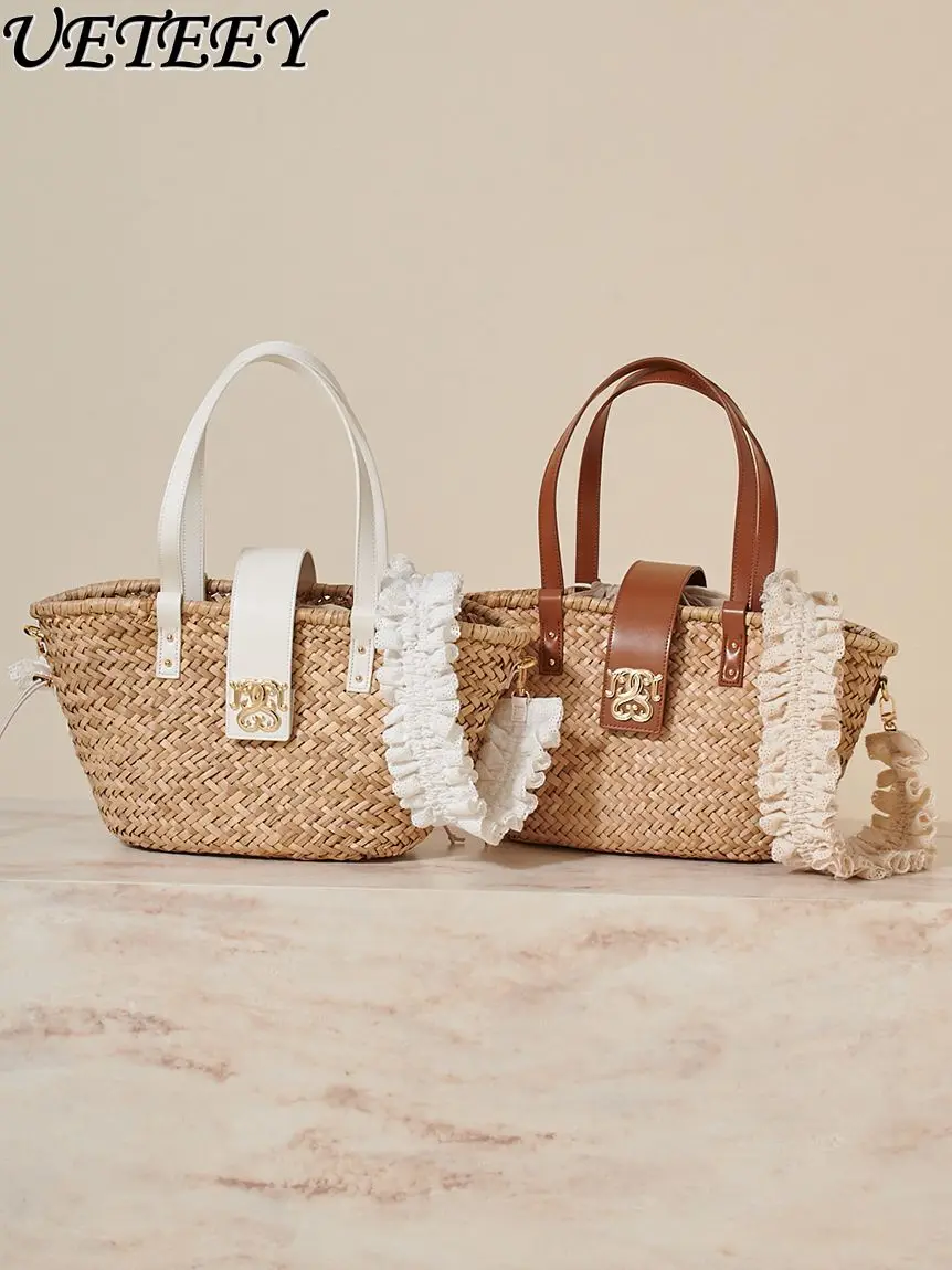 

Japanese Style New Lace Trim Shoulder Strap Handbag Summer Versatile Cool Straw Woven Single Shoulder Crossbody Makeup Bags