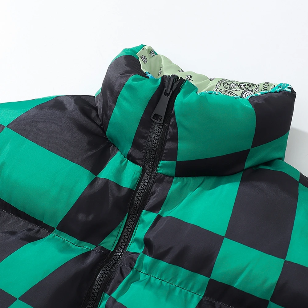 Men Winter Reversible Jacket Parka Green Plaid Printed Block Thick Warm Puffer Harajuku Outwear Jacket Women Winter 2022