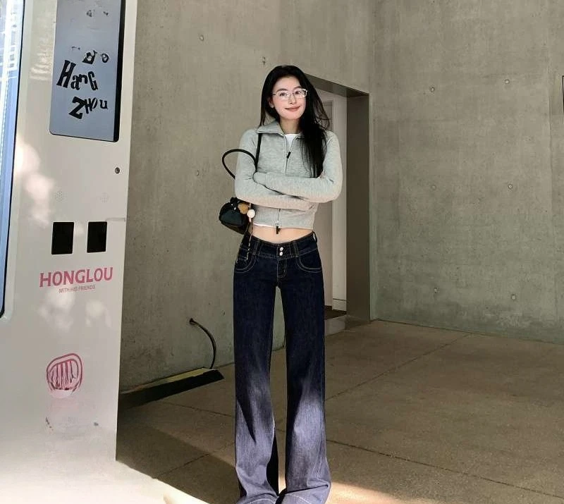 Denim Long Pants Women Jeans Slim Fit Vintage Washed Two Buttons Casual Low Waist Straight Trousers Y2k Streetwear Work Autumn