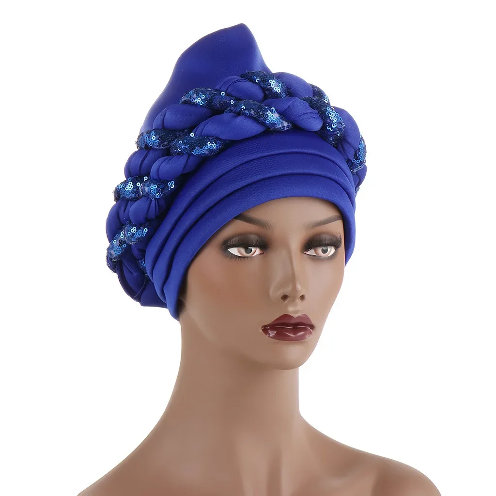 

Nigerian Geles Headtie Sequins Already Made Auto Gele Turban Cap African Aso Oke Head Wrap Bonnet Wedding Headscarf Muslim Hijab