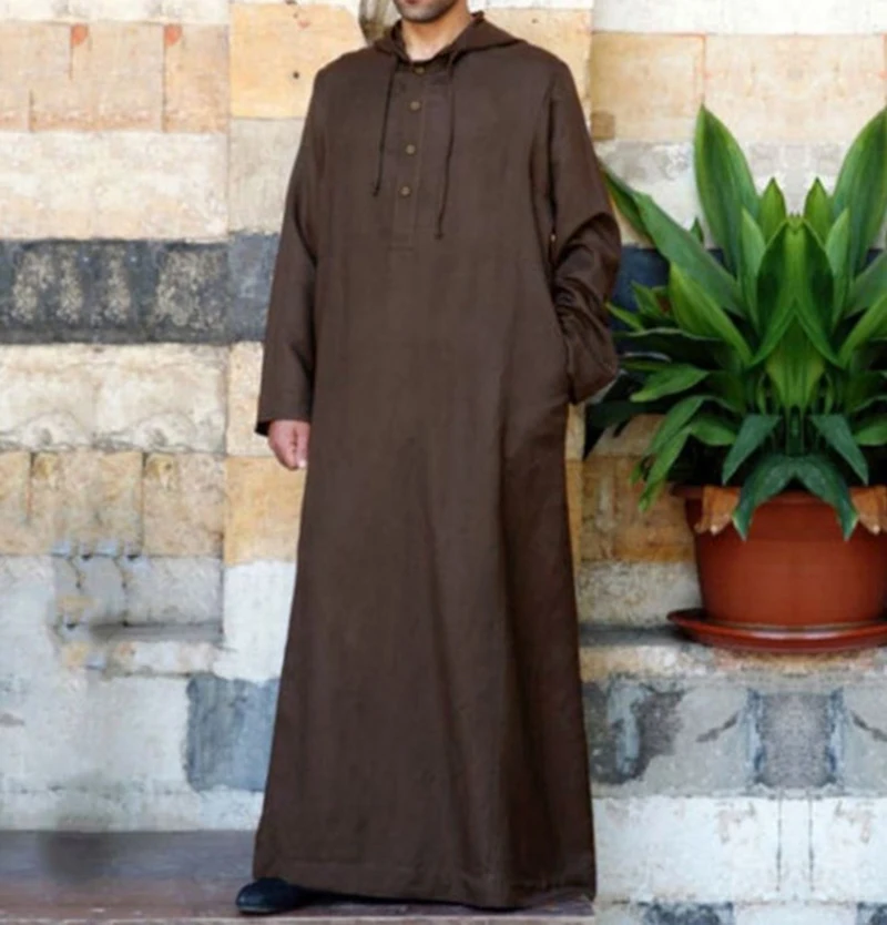 Men\'s Muslim Robes Saudi Arabia Juba Islamic Kafatan Casual Loose Robe Shirt Solid Color Long Sleeve Hooded Button Pocket Robe