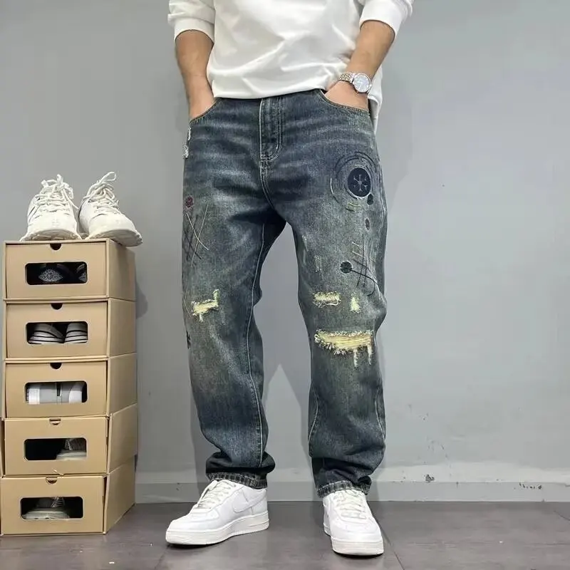 Spring Autumn American Retro Washed Scraped Ripped Patch Denim Jeans Embroidered Loose Straight Harem Tapered Streetwear Pants