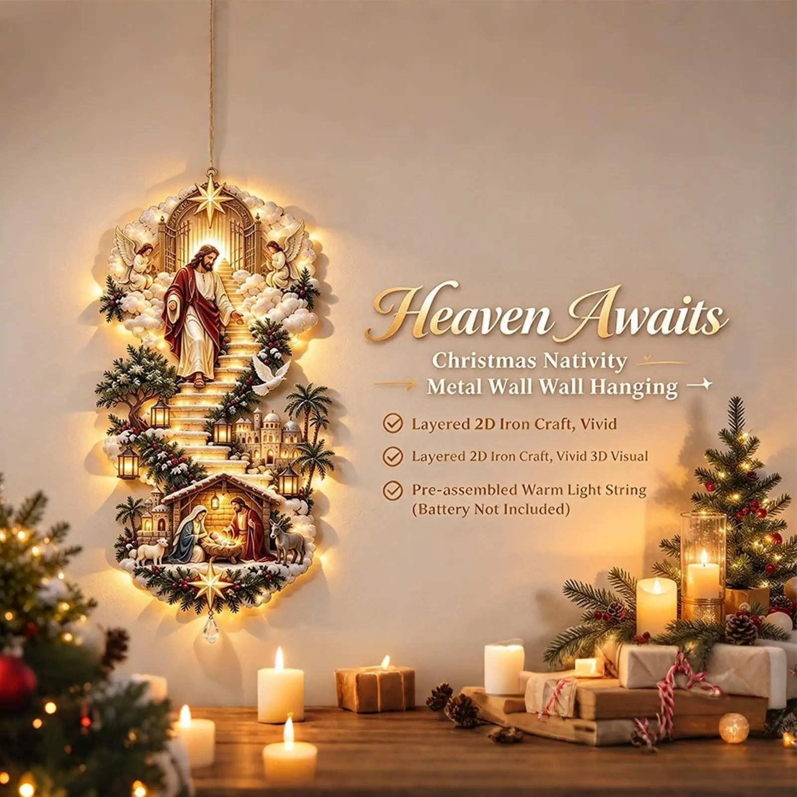 Christmas Wall Decor 2D Flat Metal Jesus Religious Ornament Nativity Wall Decor Holy Family Scene For Living Room Entryway