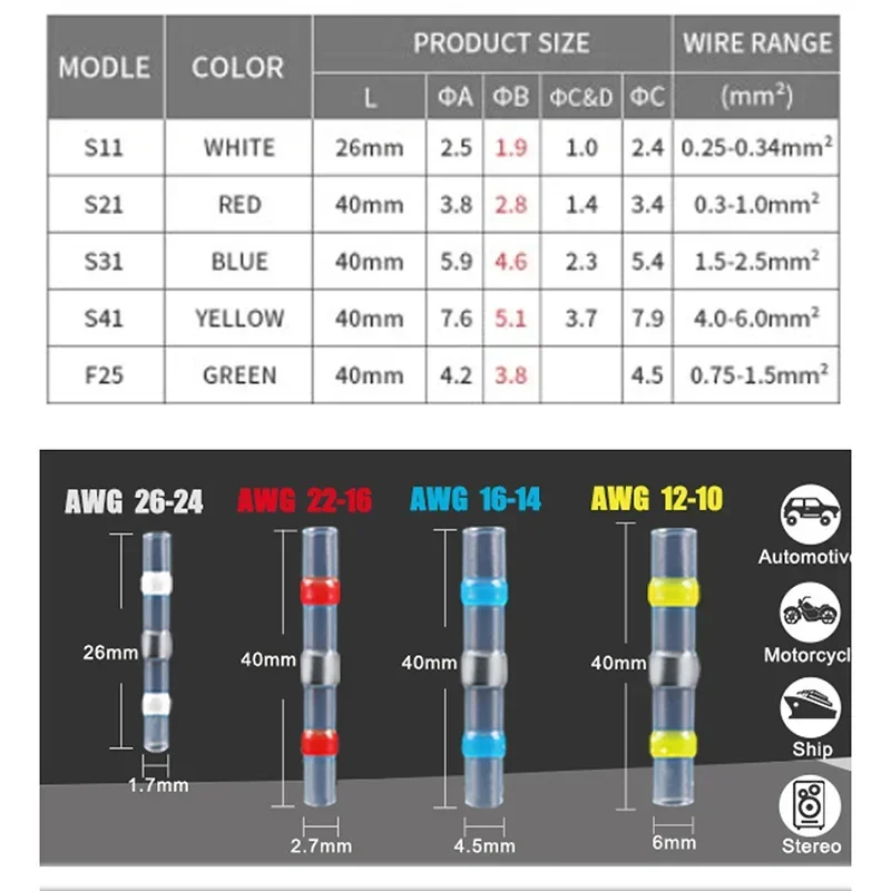 Heat Shrink Connectors Sleeve Tube Terminals Electrical Butt Splice Wire Connector Splice Solder Insulated Electrical Cable