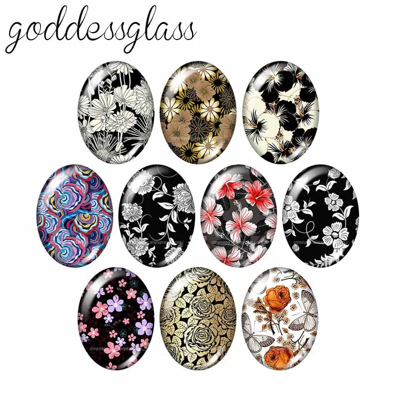 New Flowers patterns Leaves Rose beauty 10pcs 13x18mm/18x25mm/30x40mm Oval photo glass cabochon demo flat back Making findings