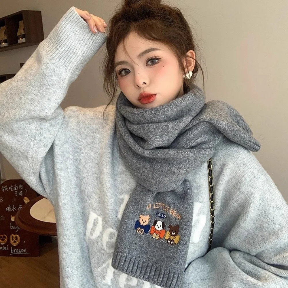 الدوبامين لطيف الدب التطريز وشاح المرأة يندبروف سميكة محبوك الرقبة أدفأ شال تنوعا الصوف أوشحة شتوية echarpe فام