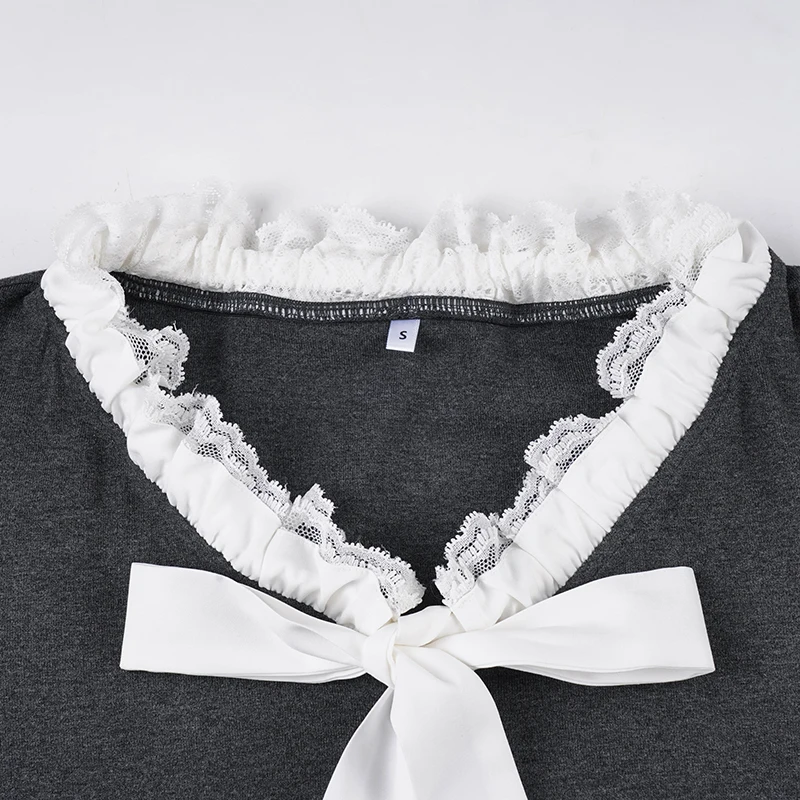 Französisch Stil Spitze Trim Bogen T-Shirt Beiläufige Dünne Tiefem V-ausschnitt Langarm T-shirts Frauen 2025, Herbst Frühling Mode Streetwear Damen