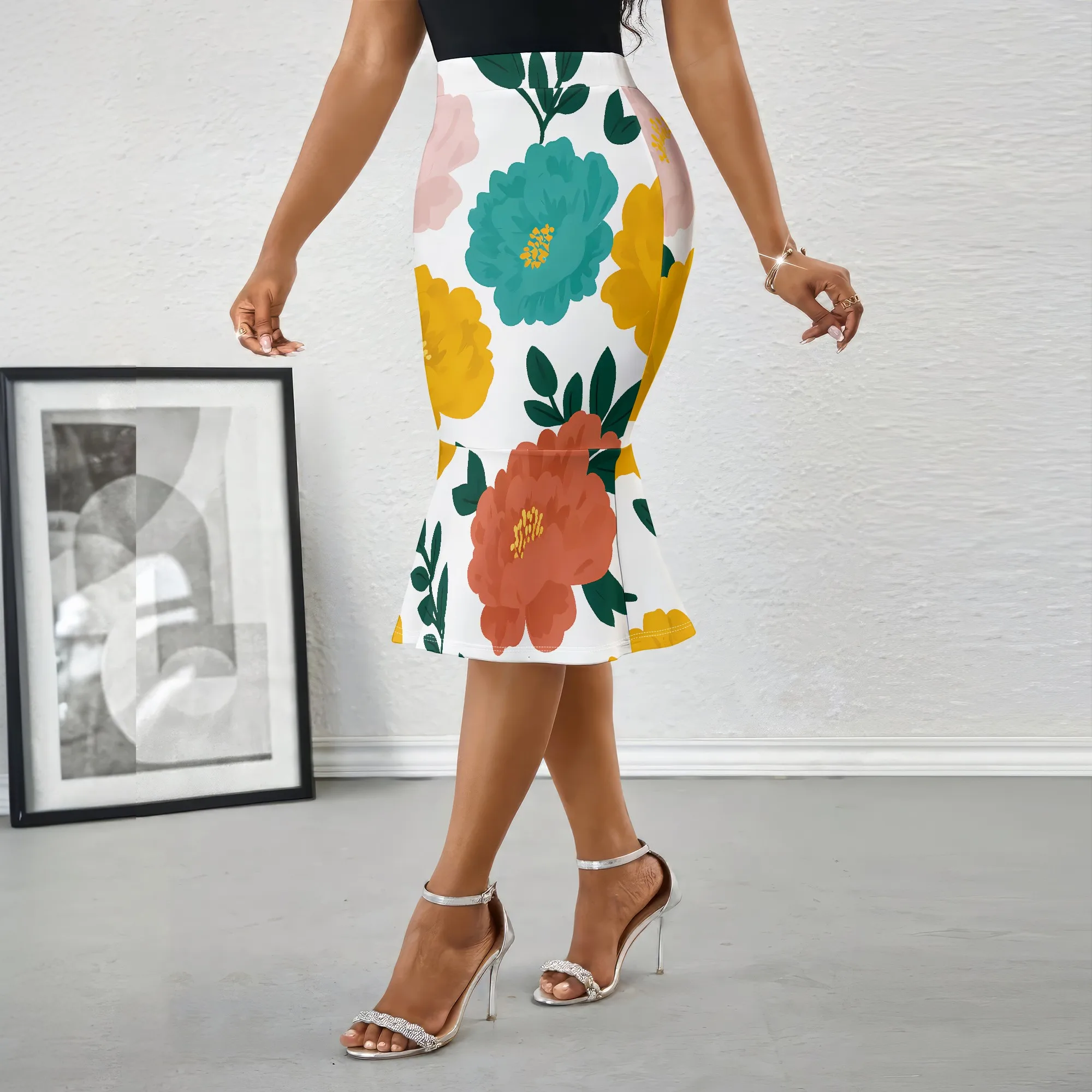 Colorful Floral Print Midi Skirt, Vibrant Flower Pattern Pencil Skirt, Elegant A-Line Design for Women, S-2XL