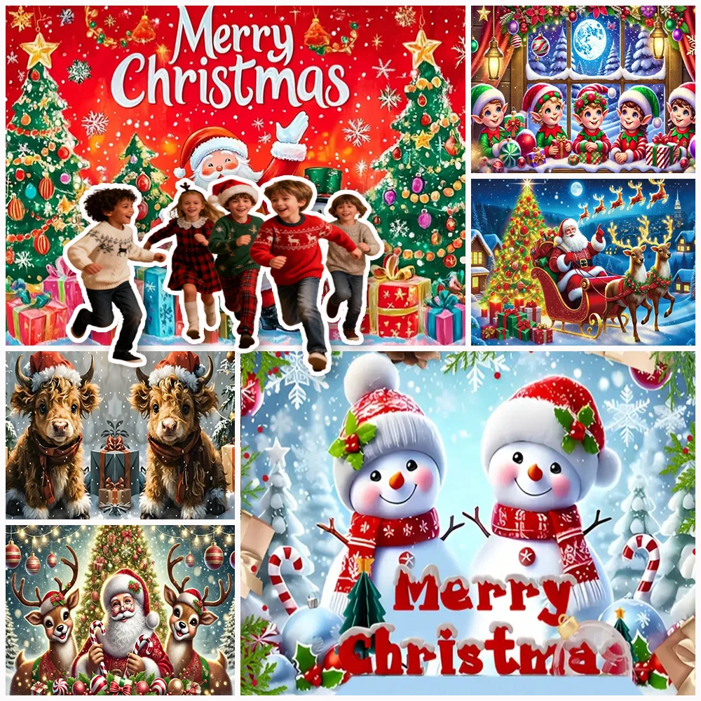 

Merry Christmas Background Banner Santa Claus Snowman Christmas Tree Gingerbread Party Decorations Backdrop Photography Props