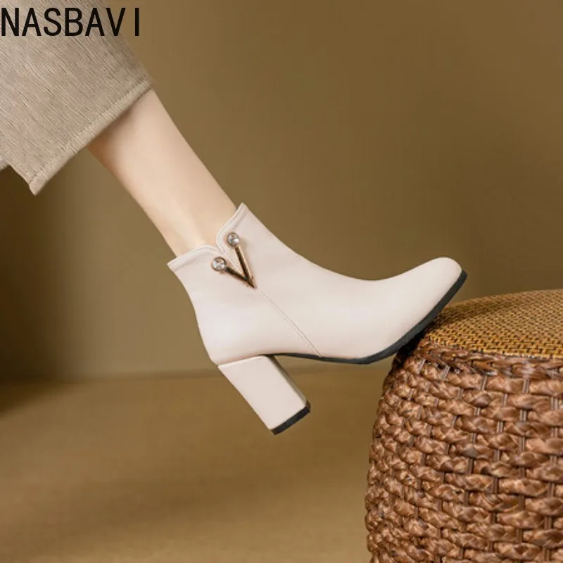 

NASBAVI Ladies Shoes 2025 Ankle Women's Boots Retro Modern Boots Women Crystal Pointed Toe Med Heel Side Zip Shoes Female
