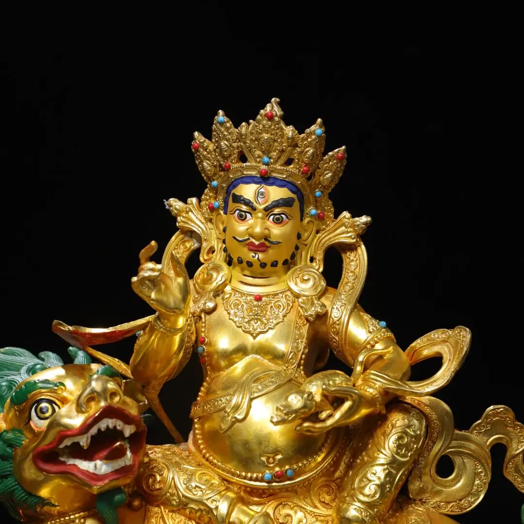 Antique Nepal Tibetan Jambhala Wealth Buddha Statue Full Gold Gilt Copper Home Altar Decor Figurine