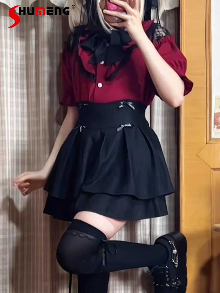 Japanese Mine Style Mass-produced Sweet Versatile Lolita Short Skirt High Waist Bow Double-layer Striped Mini Skirt Women Summer