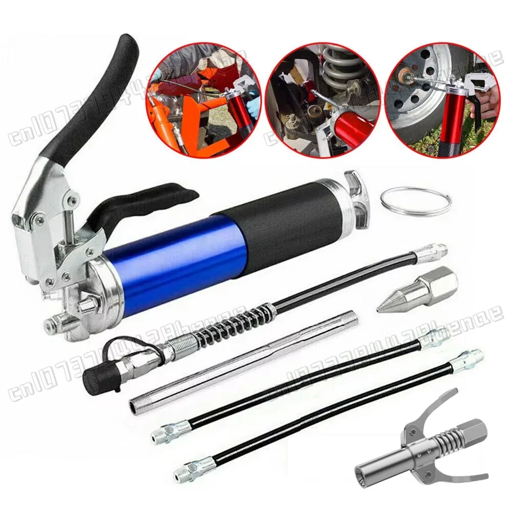 Manual Grip Grease Gun Aluminum Alloy Mini Grease Gun Kit 6000-7000PSI Handheld Grease Filling with Flexible Reinforced Hose