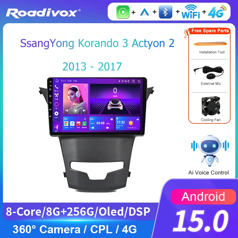 AI VOICE roadivox Android car radio for SsangYong Korando 3 Actyon 2 2013 2017 GPS Navigation video Multimedia Player tape