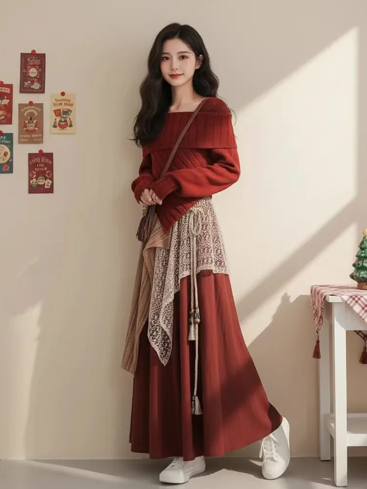 Set di pezzi di maglietta rossa casual lavorata a maglia per le donne, anti-età, dimagrante, per il tempo libero, gonna, pantaloni, tenda, set per il conto alla rovescia di Capodanno