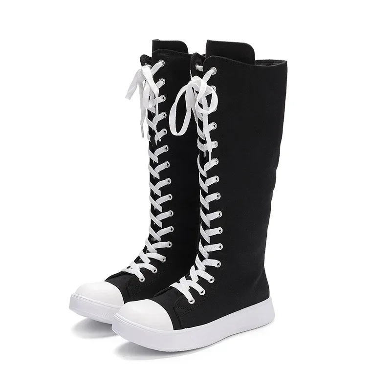 

Knee-High Canvas Botas Largas De Mujer Narrow Band Lace-Up Long Boots For Women Back Zipper Patchwork Color Botas Femininas 2025