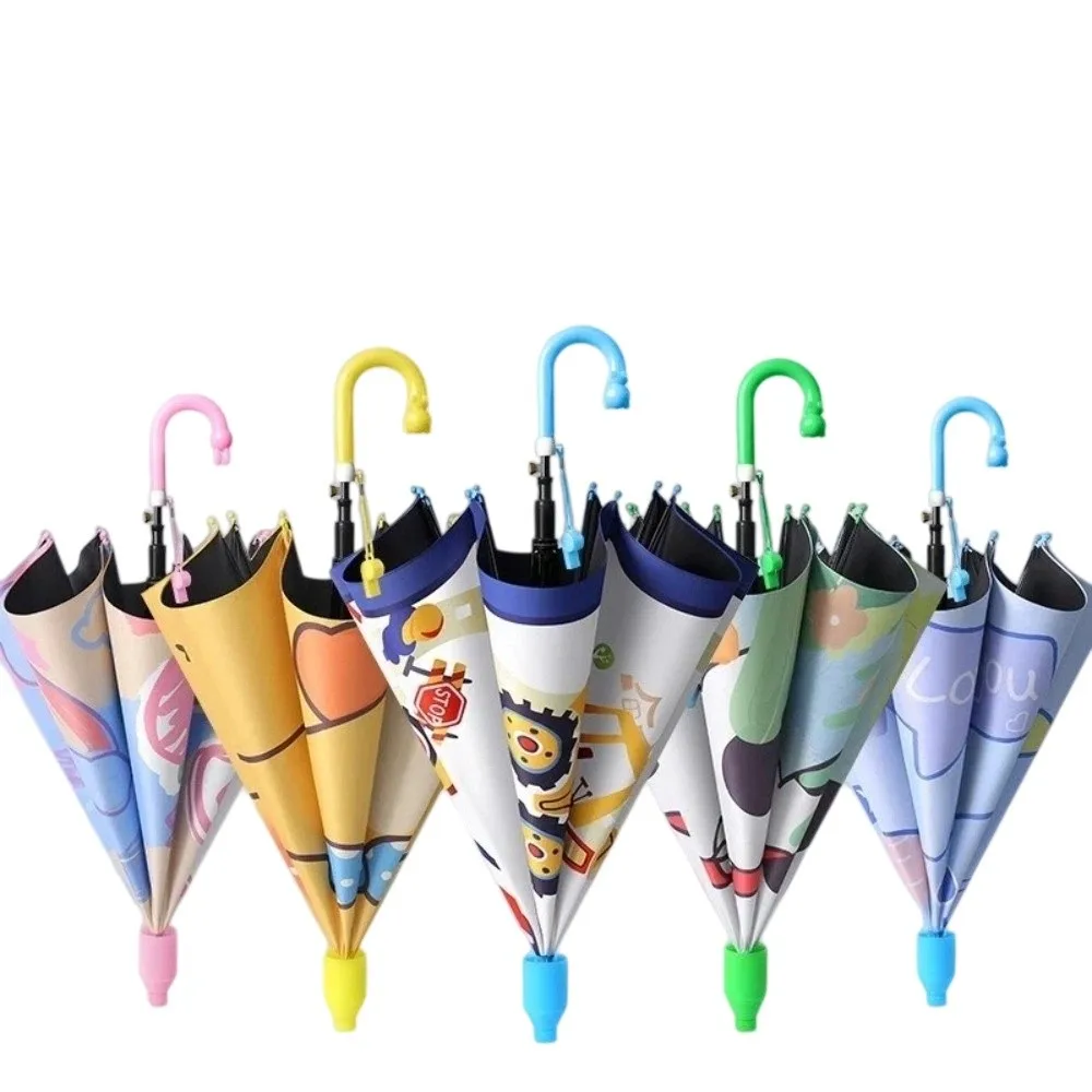 New Cartoon Pattern Child Umbrella Whistle with Storage Pouch Rain Sun Umbrella Multi-functional Long Handle Umbrella for Travel