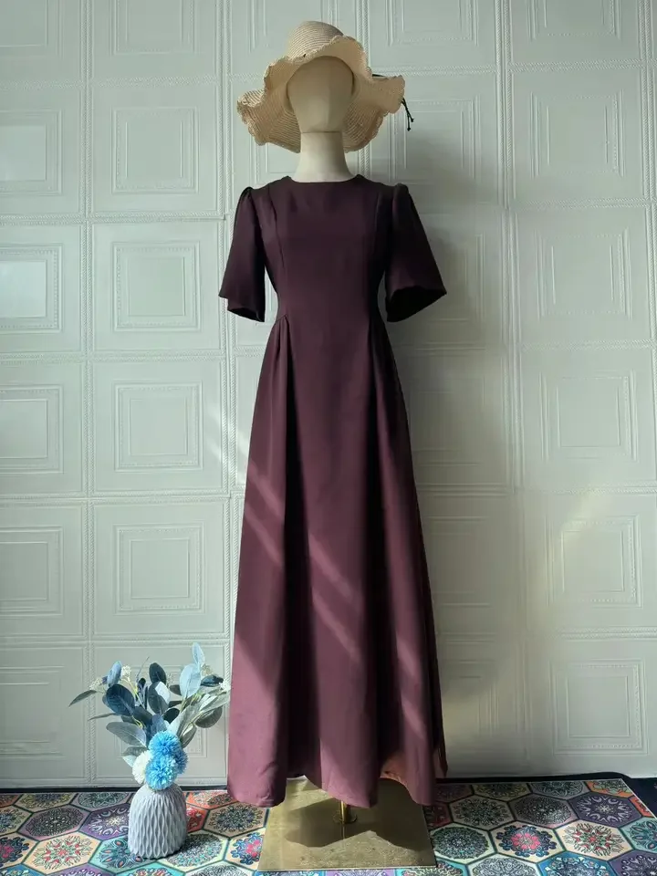 

Chic Women Wine Red High Waist Round Neck Pleated Hem Long Dress Elegant Short Sleeve Robe New Lady Party Daily Simple Wear