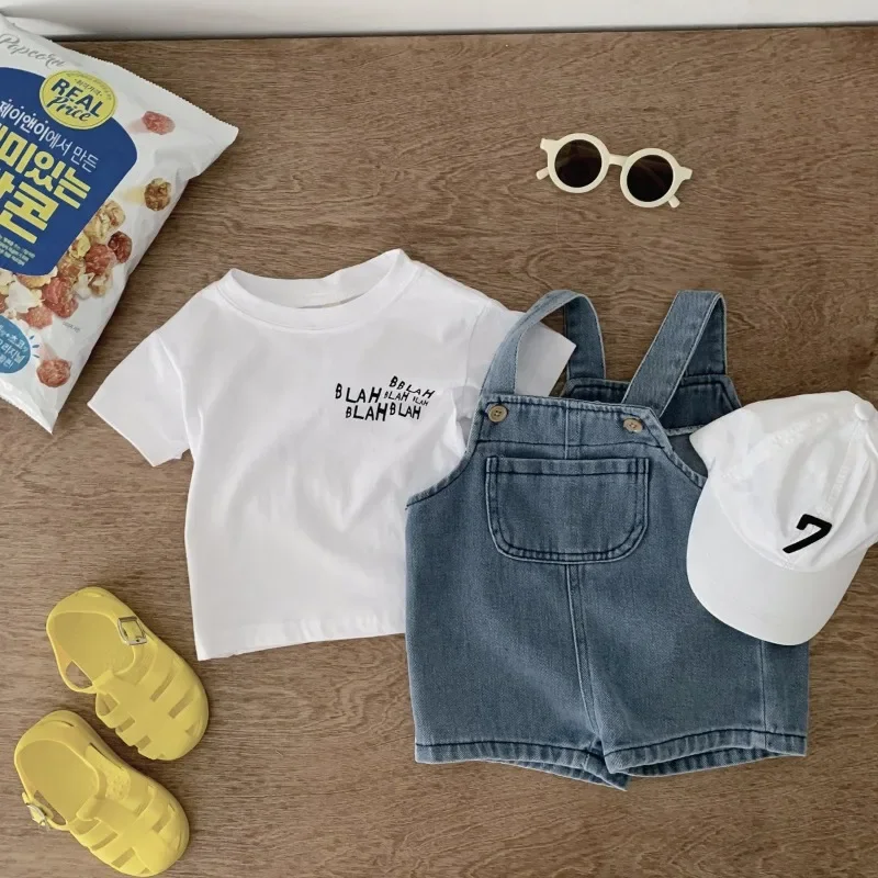 Baby Denim Overalls Shorts Set, New Children's White T-shirt, Summer Thin Two-piece Set for Boys and Girls