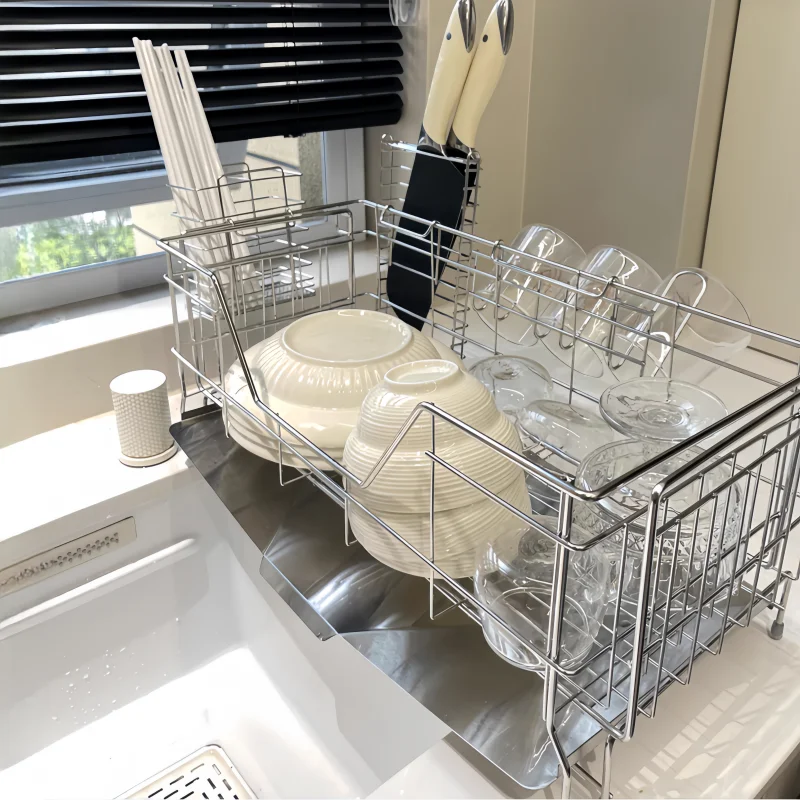 

Сушилка для раковины из нержавеющей стали, расширяемый держатель для столовых приборов, съемная прочная полка для посуды, компактная сушилка для кухни