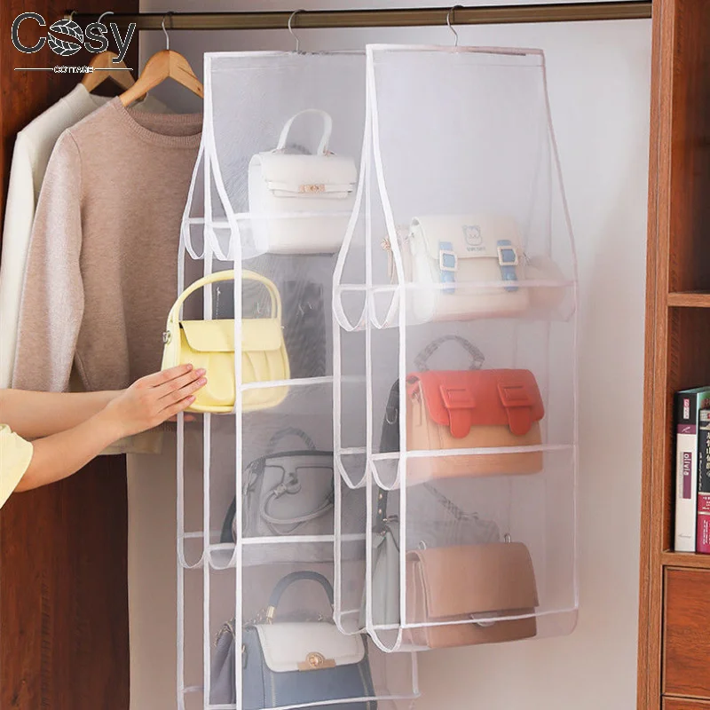 6/8 Grids Handbag Storage Double-sided Multi-layer Transparent Dust Bag, Non Woven Hanging Storage Bag, Wardrobe Bag Organizer