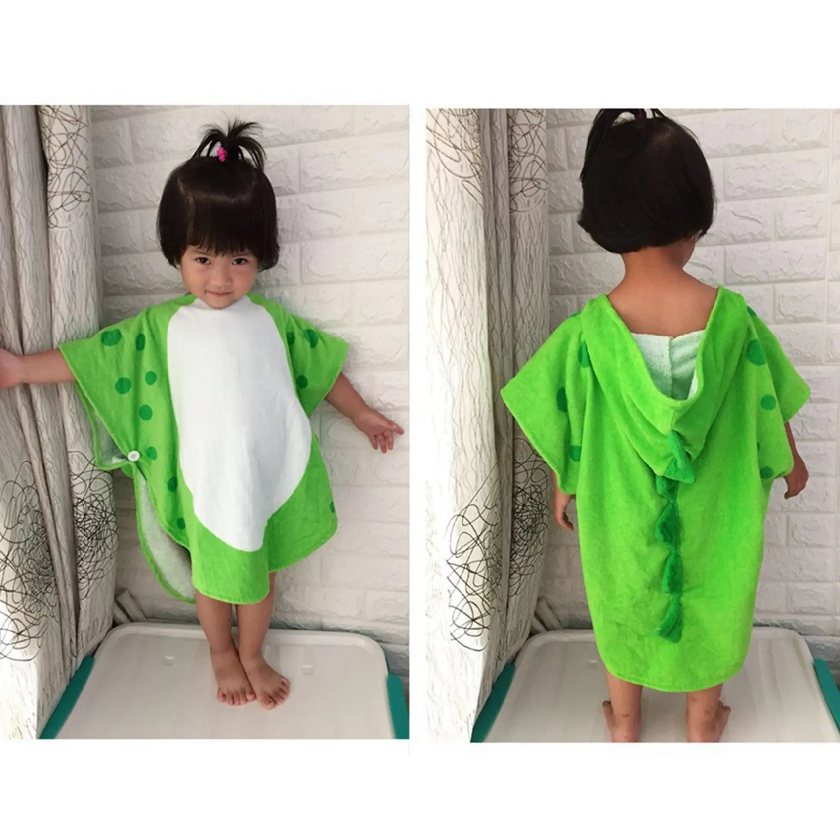 

Highly Recommended 2X Children Bath Towel Robe Kids Hooded Beach Swimming Poncho Dinosaur Pattern(Green+White 55 Cm X 110 Cm)