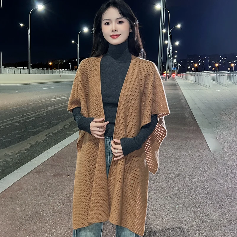 

Wool Knitted Korean Edition Internet Celebrity Shawl Autumn/Winter Warm New Solid Color Hollow Scarf Fashion Cloak High end Coat