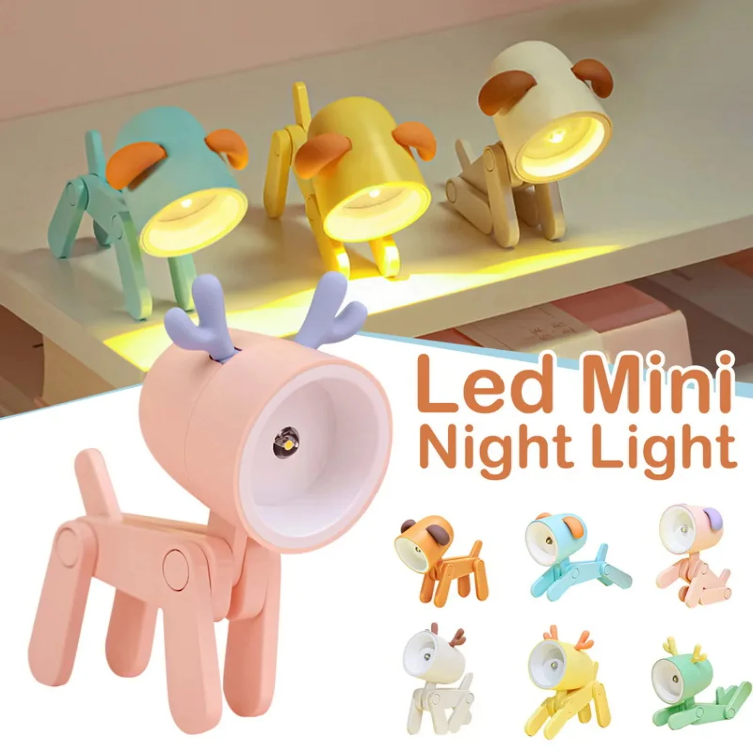 LED Night Light Mini Folding Desk Lamp Cute Pet Lights Dog Deer Portable Night Light Student Living Room Decor Gift Tinkerbell