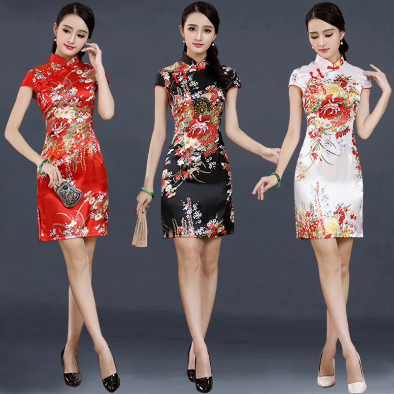 

Chinese Traditional Modern Qipao Wedding Dress Red Dresses Cheongsam Plus Size Flower Print Black White Sexy Silk Short Woman