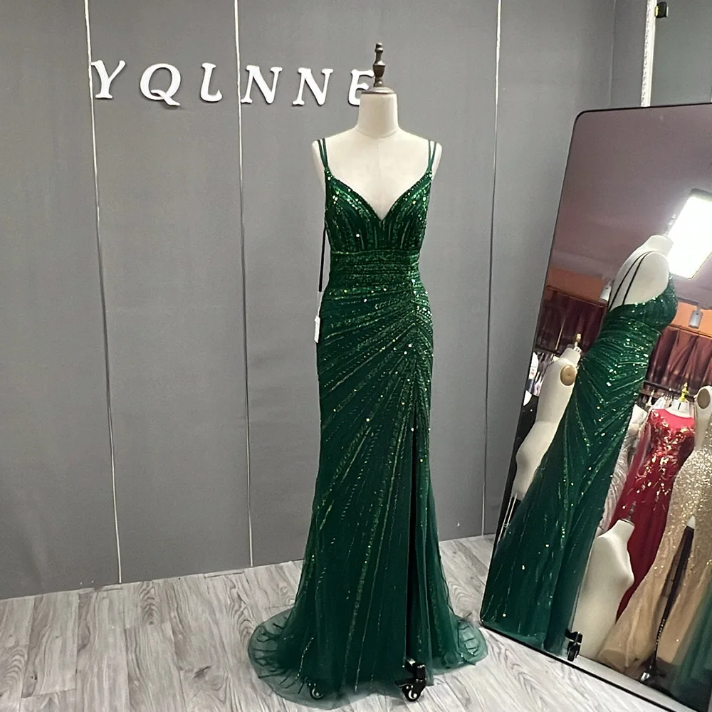 Emerald Green Long Straps Slit Evening Gown Tulle Beaded Mermaid Red Carpet Dresses For Beauty