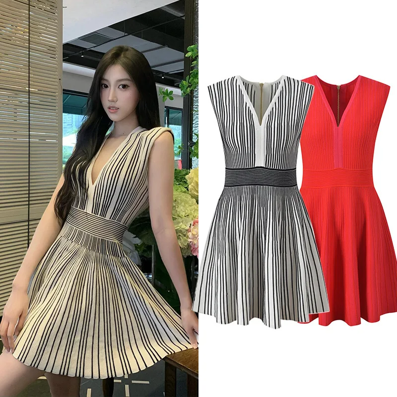 CHUJIE Vestido elegante de malha listrada – Design sem mangas com decote em V – Bodycon leve – Estilo maduro de verão – Mistura de poliamida de viscose