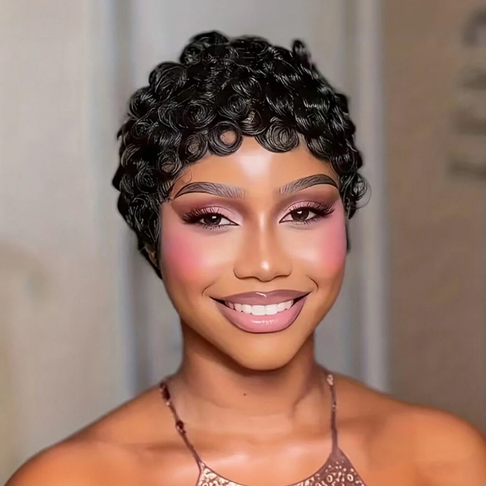 

Кудрявые парики в стиле пикси, из натуральных человеческих волос, машинного плетения, короткие, многослойные, с челкой, из бразильских волос Реми, для повседневной носки