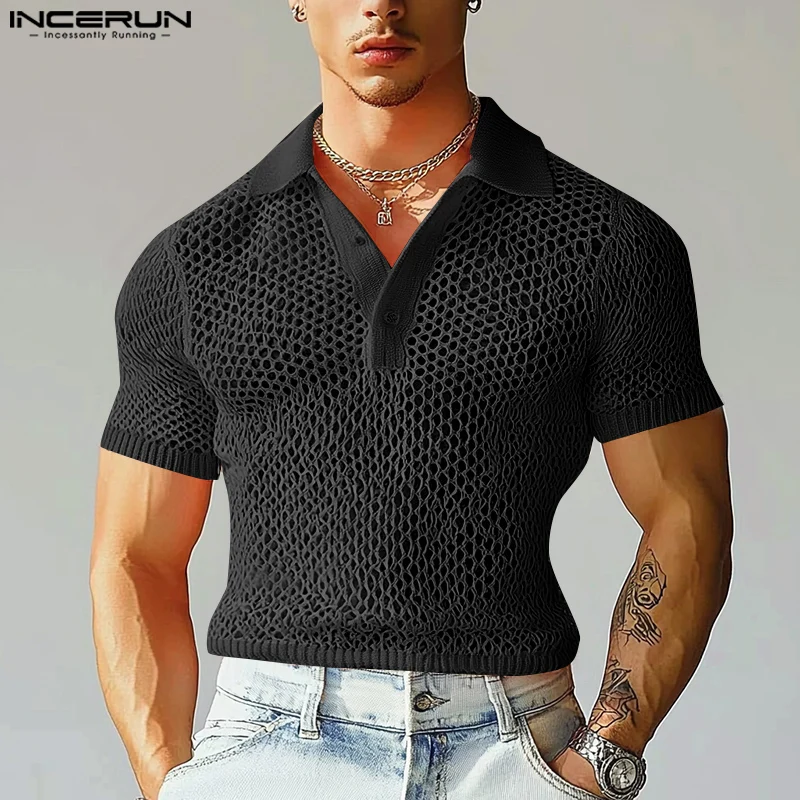 

Short Sleeve Tops Tee Fashion See Through Hollow Out T-Shirts INCERUN Men T-Shirts Streetwear Oversize Men's Clothing Summer