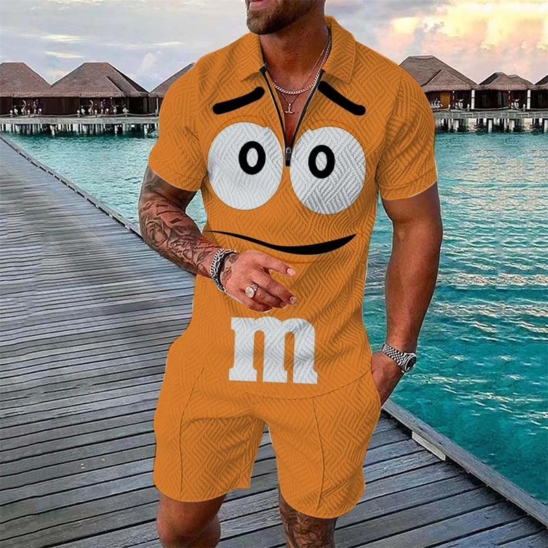 Conjunto divertido con estampado de M&M para hombre, conjunto de moda con camiseta polo de manga corta con cremallera + pantalones cortos, conjunto de 2 piezas, traje de verano estilo hip hop urbano.