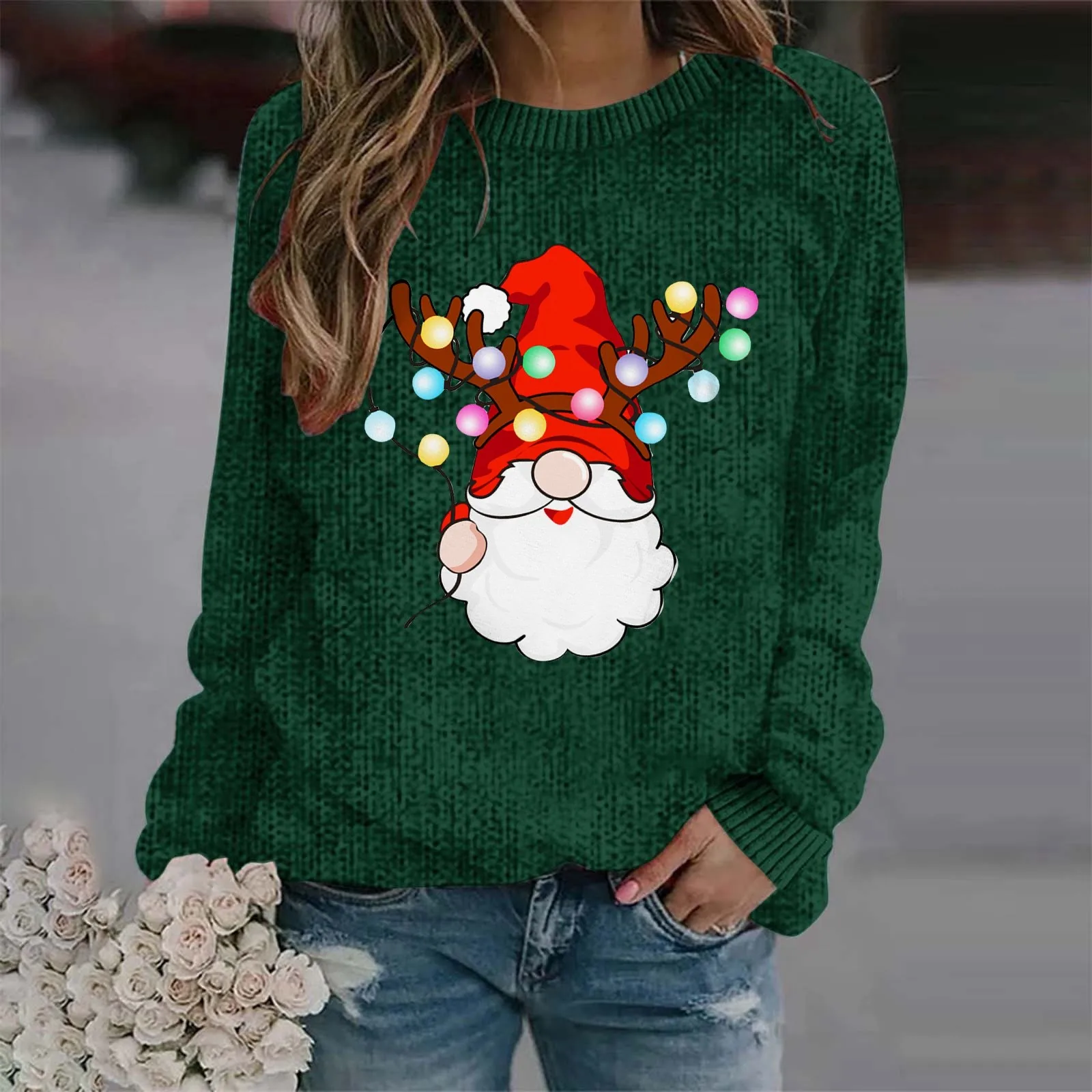 

2024 Christmas Sweatshirt Female Santa Claus Printed Round Neck Long Sleeve Casual Hoodless Sweatshirts Women Xams Clothes