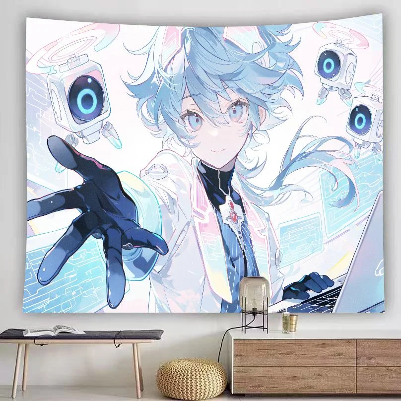 VIKAMA Cyber Tech Anime Boy Tapestry Futuristic Robot Lab Neon Circuit Wall Hanging Cool Gaming Bedroom Dorm Decor Cloth
