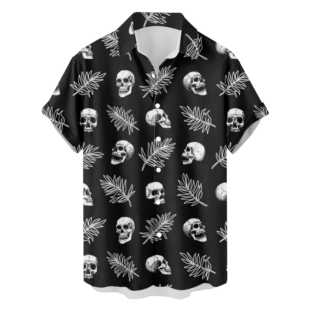 Personality Skull Graphic Shirt Men's Street Hip Hop Rock Y2k Clothes Summer Fashion Classic Lapel Buttons Short Sleeve Tops